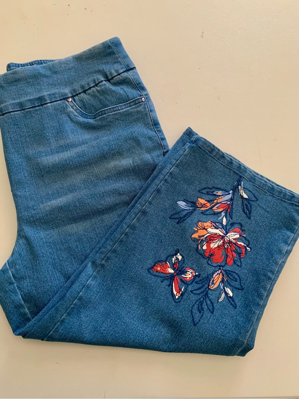 Alfred Dunner Blue Jeans with Red & Orange Floral Embroidery